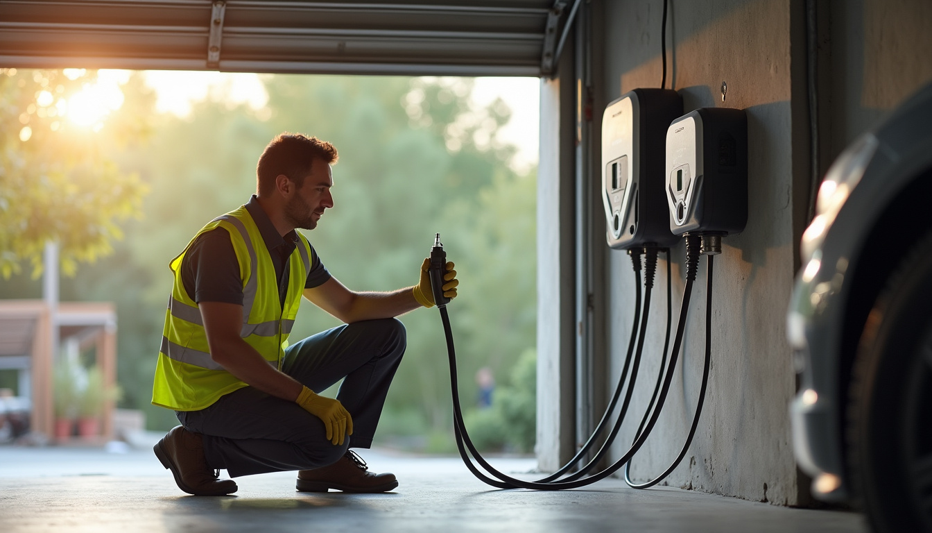 Technicien IRVE en train d'installer une borne de recharge électrique dans un garage à Daux