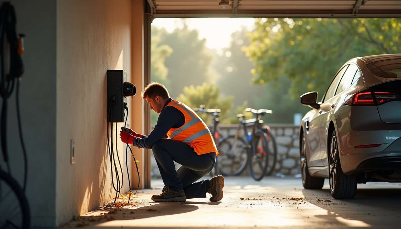 Technicien IRVE en train d'installer une borne de recharge électrique dans un garage d'une maison dans l'Aude