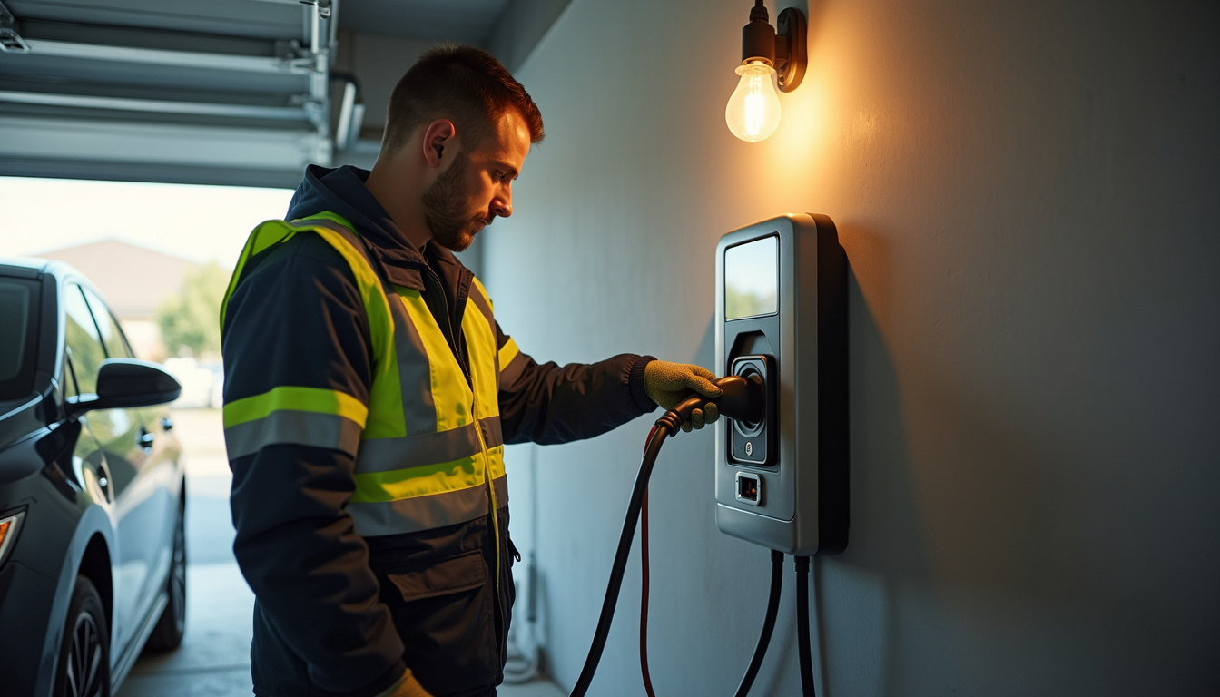 Technicien IRVE en train d'installer une borne de recharge électrique dans un garage