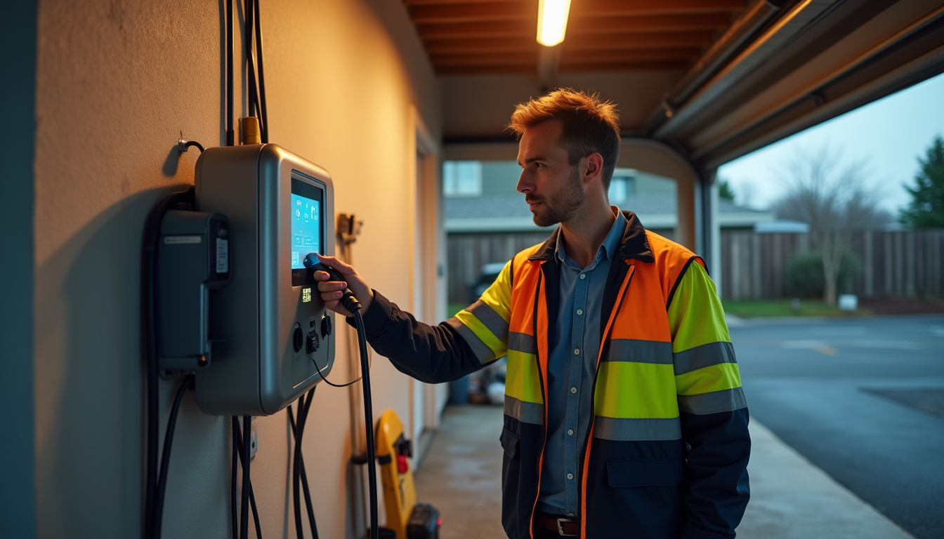 Technicien IRVE en train d'installer une borne de recharge électrique dans un garage
