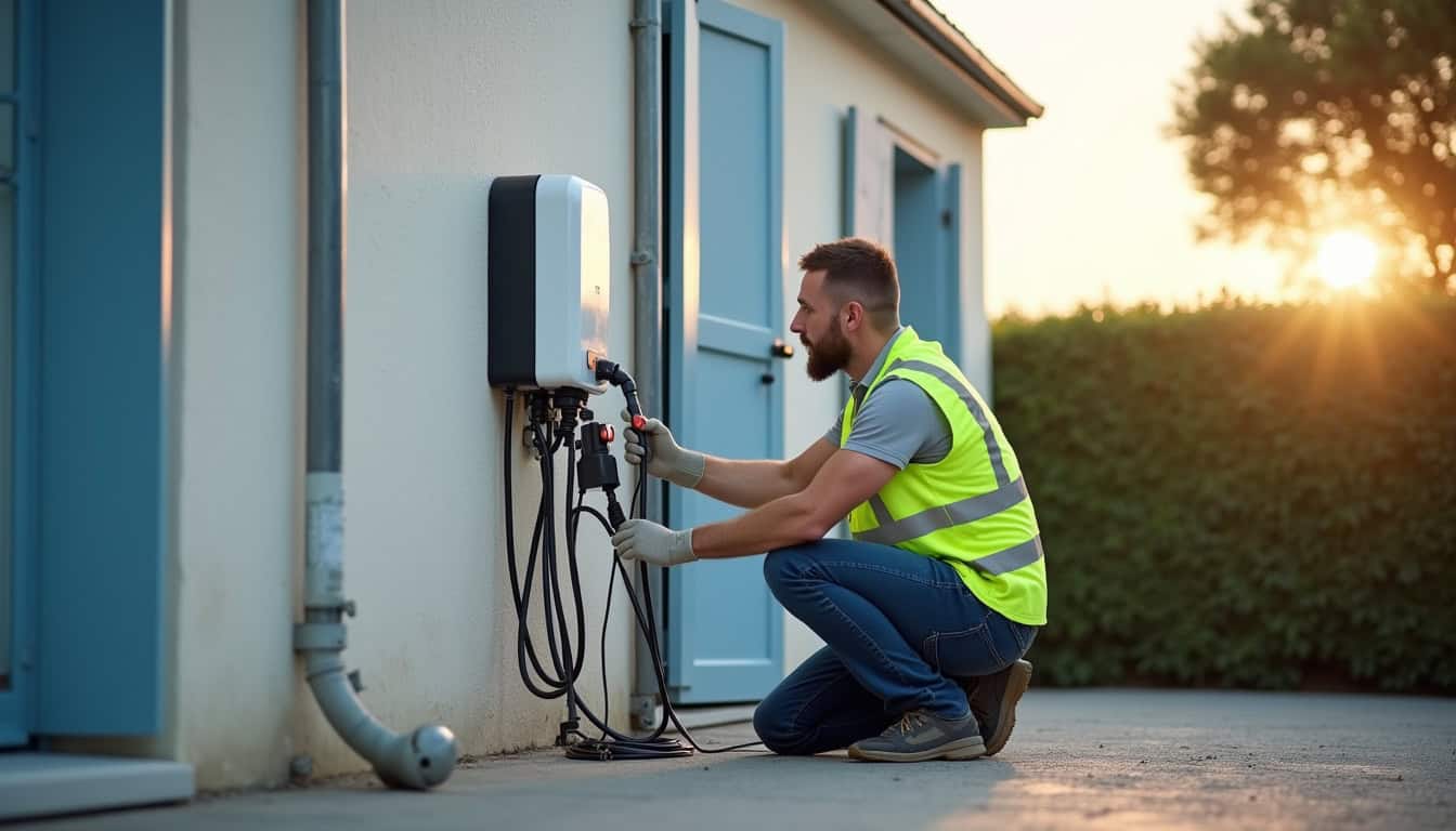 Technicien IRVE en train d'installer une borne de recharge en Vendée