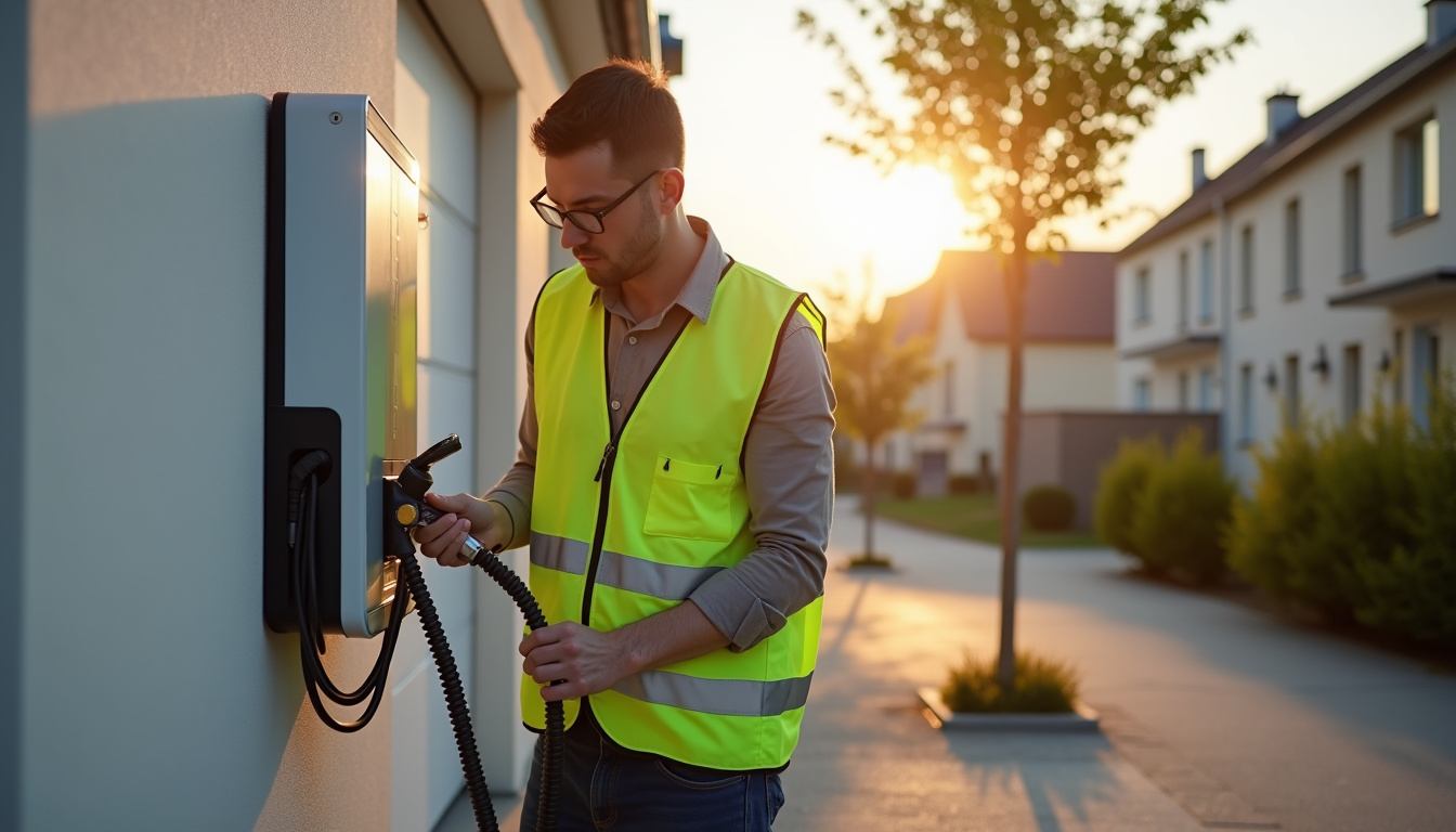 Technicien IRVE en train d'installer une borne de recharge murale à Charnay-lès-Mâcon