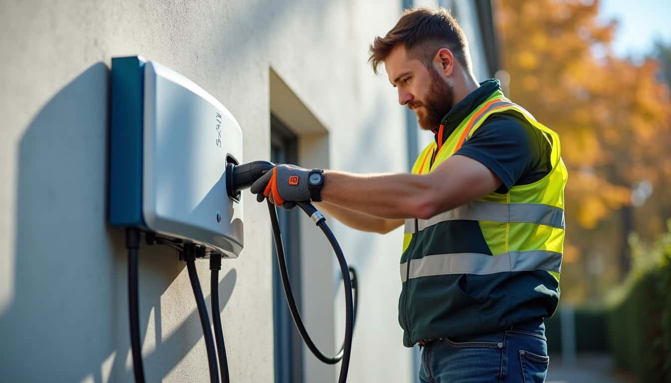 Technicien IRVE en train d'installer une borne de recharge murale à Puttelange-lès-Thionville