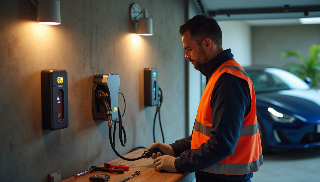 Technicien IRVE en train d'installer une borne de recharge murale dans un garage à Le Blanc-Mesnil