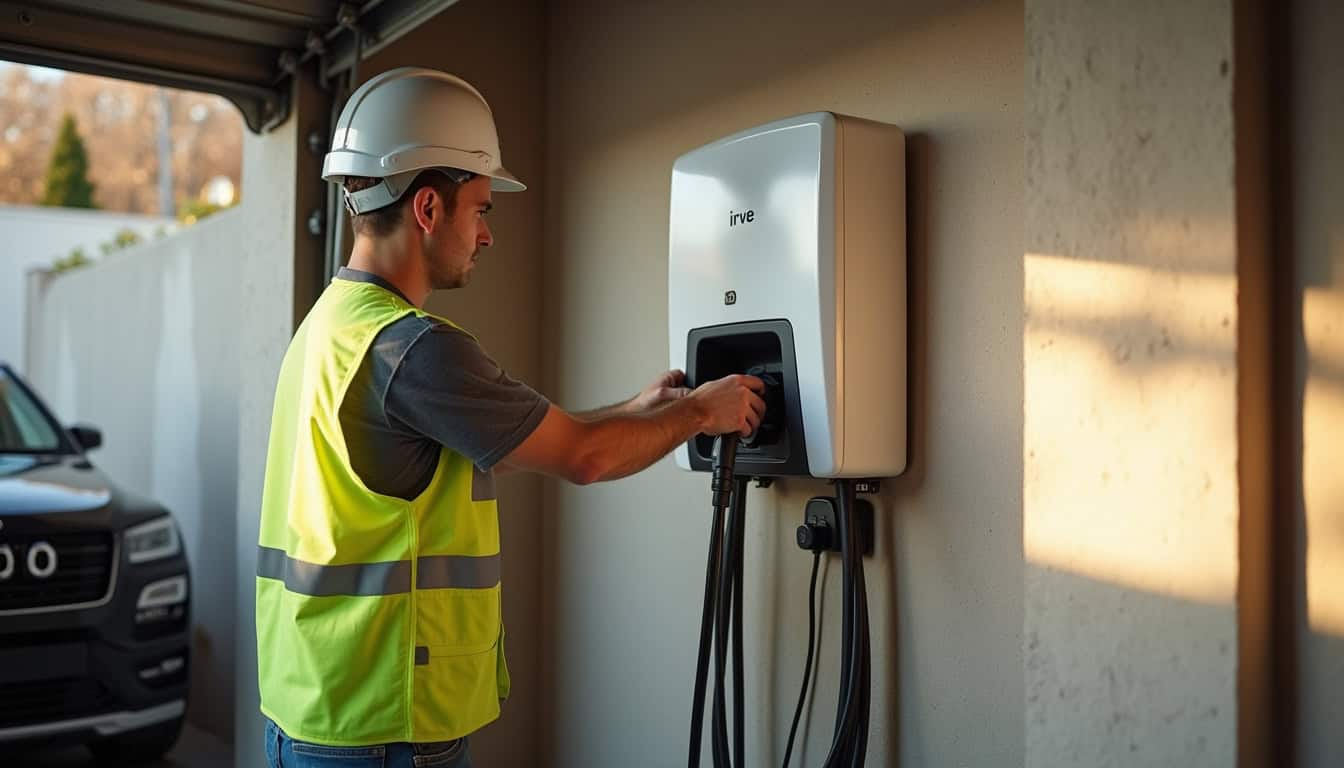 Technicien IRVE en train d'installer une borne de recharge murale dans un garage à Saint-Affrique