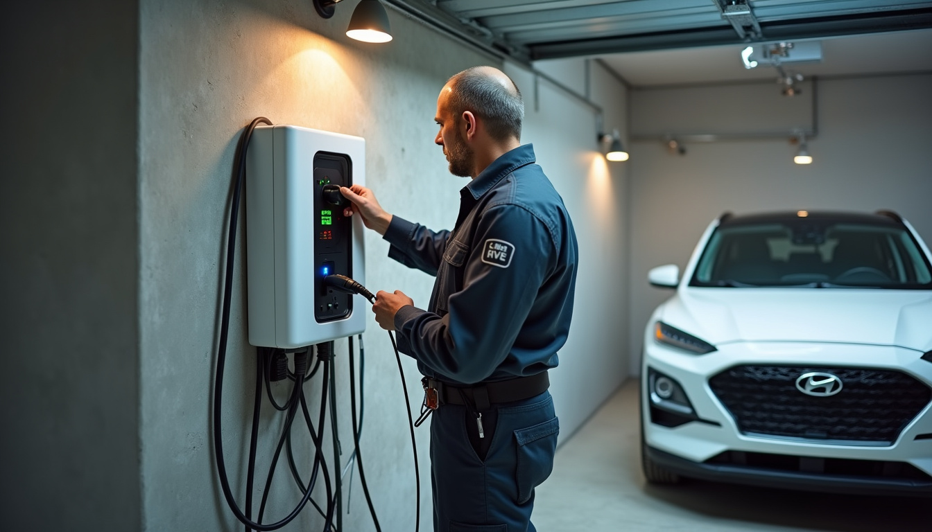 Technicien IRVE en train d'installer une borne de recharge murale dans un garage de maison individuelle à La Chapelle-Saint-Luc