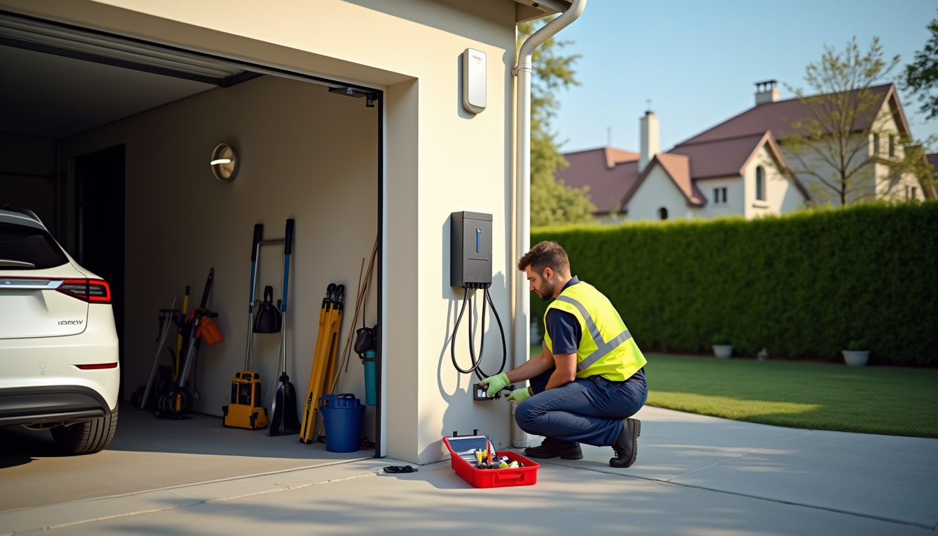 Technicien IRVE en train d’installer une borne de recharge murale devant un garage à Courpière