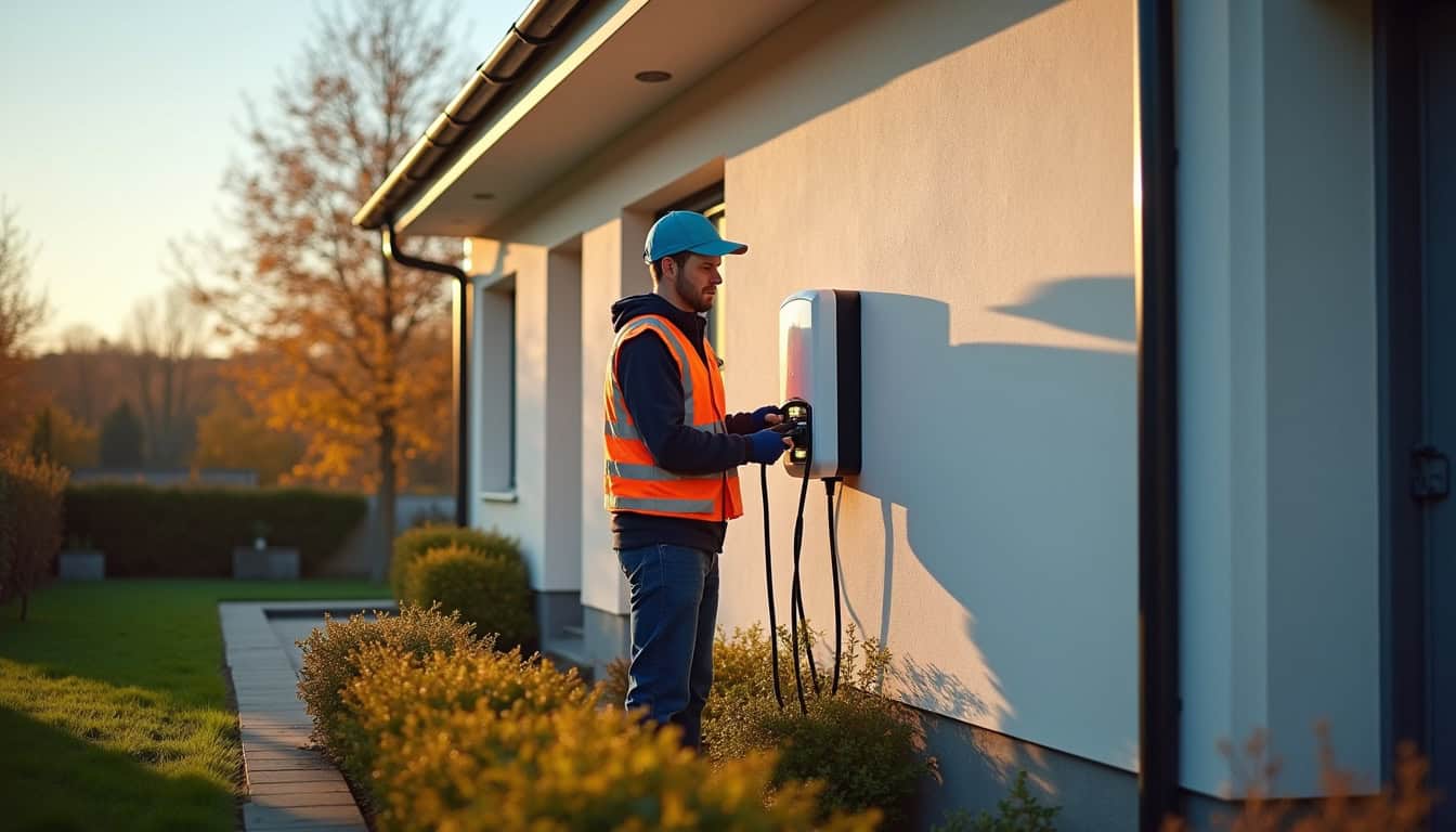 Technicien IRVE en train d'installer une borne de recharge murale sur un mur extérieur à Noizay