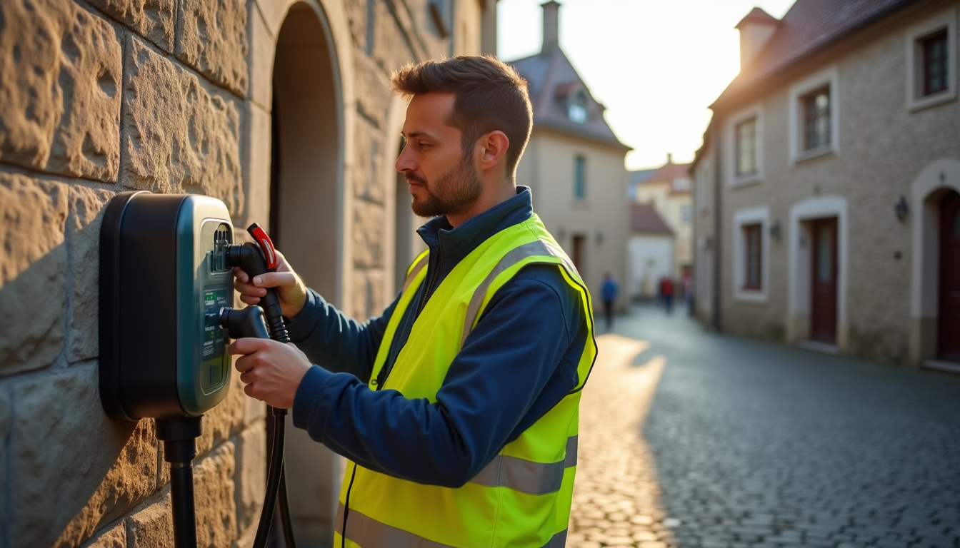 Technicien IRVE en train d'installer une borne de recharge pour véhicule électrique à Neuf-Brisach
