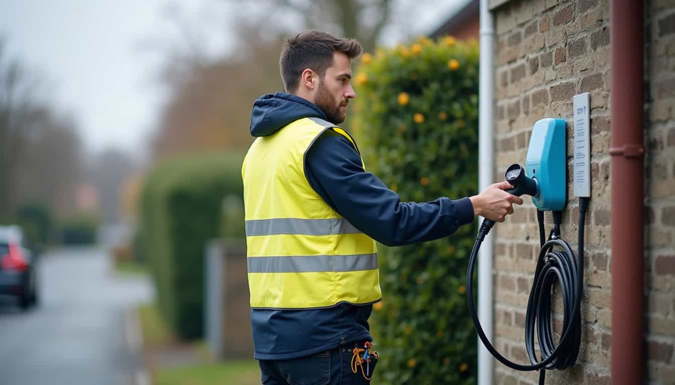 Technicien IRVE en train d'installer une borne de recharge sur un mur extérieur à Épehy