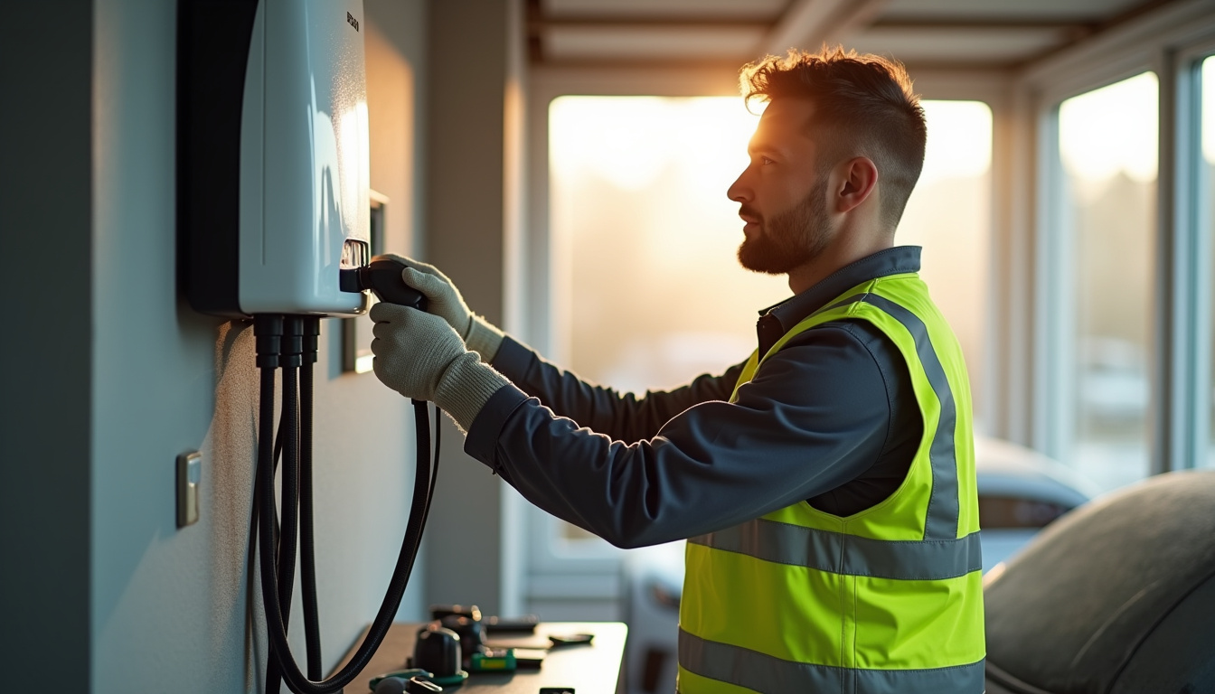 Technicien IRVE en train d'installer une borne électrique à Roulans