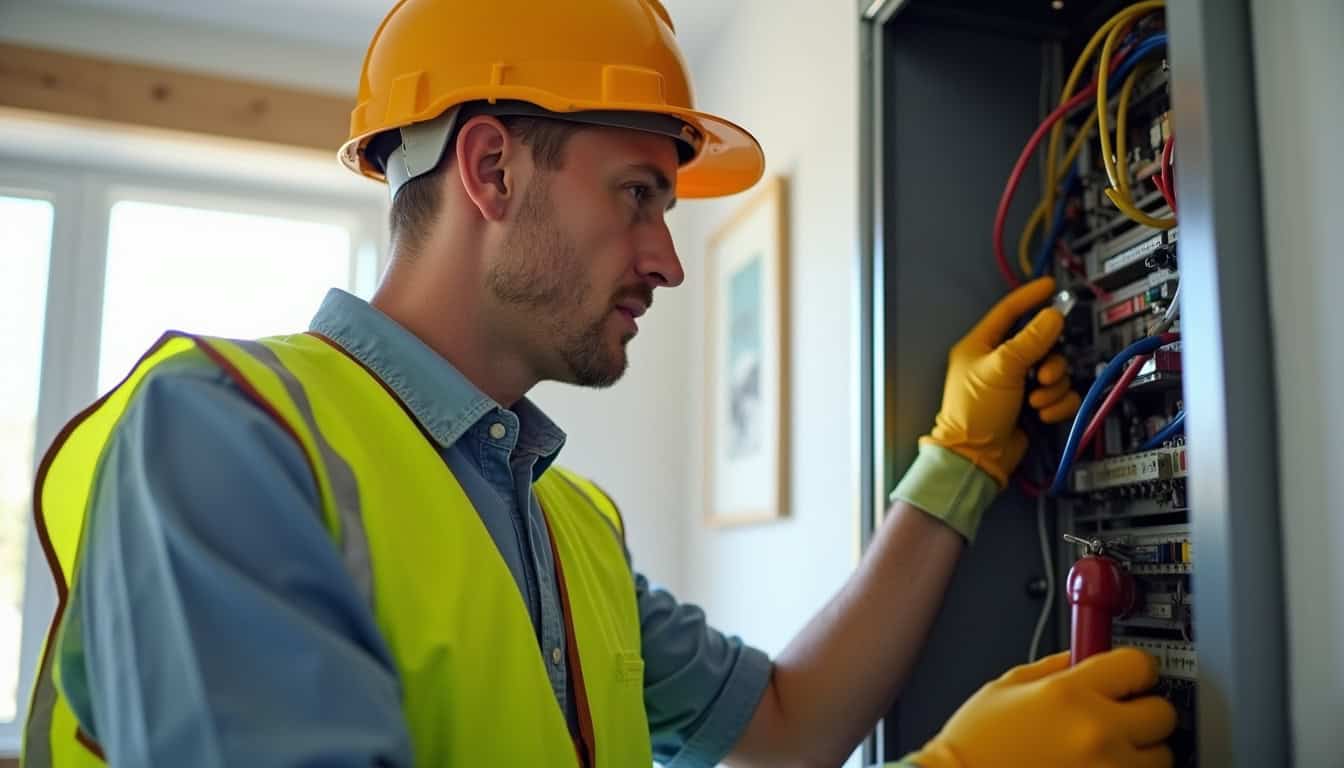 Technicien IRVE inspectant un tableau électrique dans une maison à Bosc-Guérard-Saint-Adrien