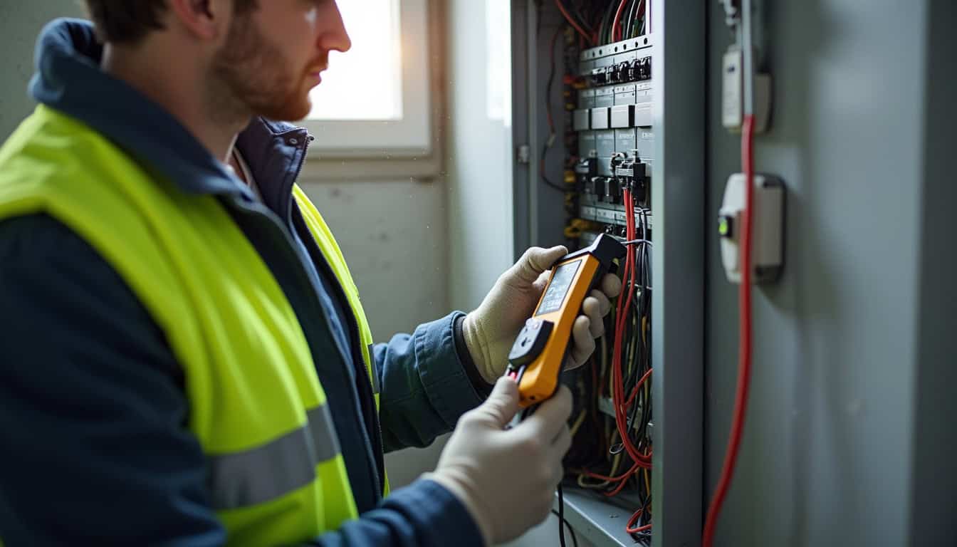 Technicien IRVE vérifiant le tableau électrique avant installation d'une borne à Saulnes