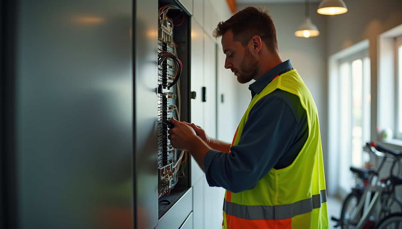 Technicien IRVE vérifiant le tableau électrique avant installation d'une borne de recharge à Entrammes