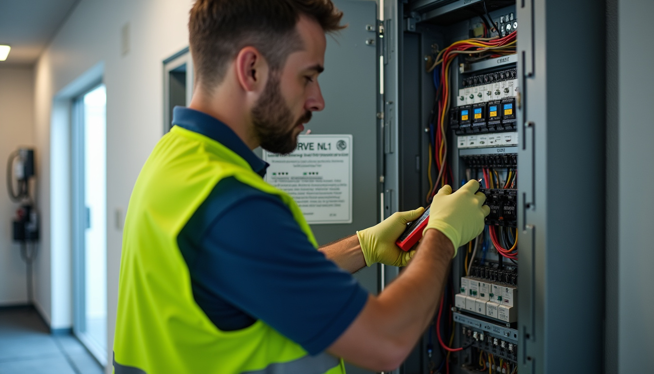 Technicien IRVE vérifiant le tableau électrique avant installation d'une borne de recharge