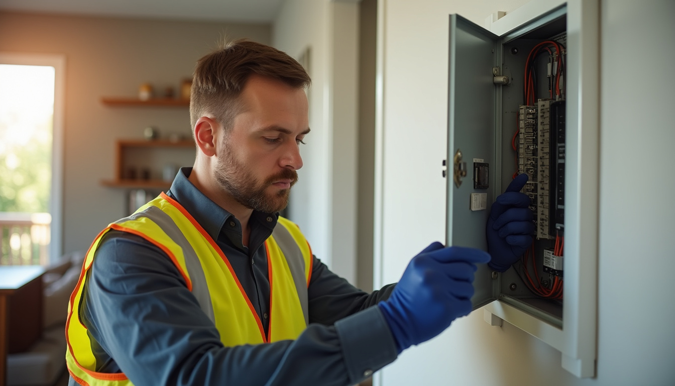 Technicien IRVE vérifiant le tableau électrique d'une maison à Flers avant installation d'une borne