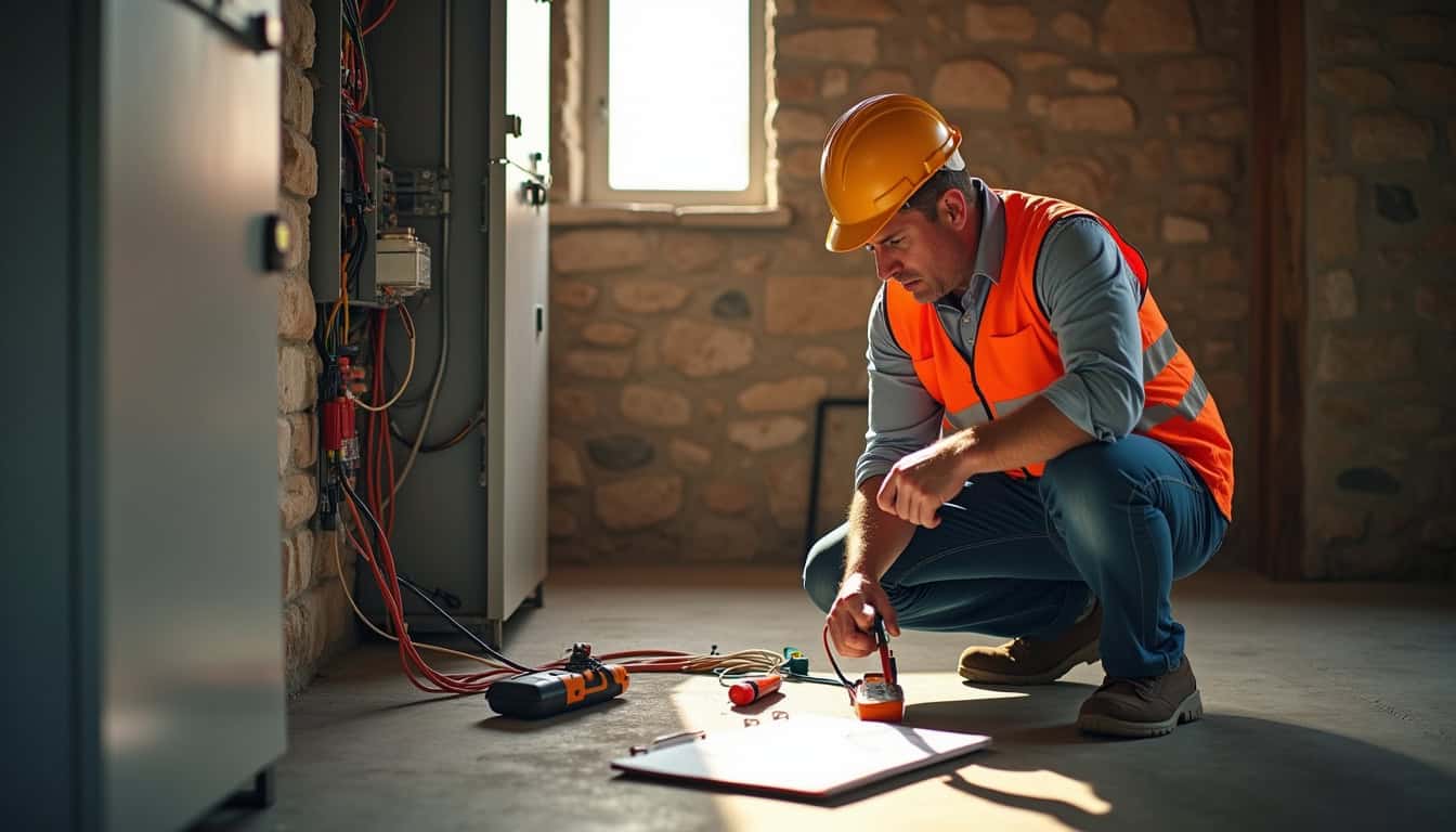 Technicien IRVE vérifiant un tableau électrique avant installation d'une borne à Luc-sur-Orbieu