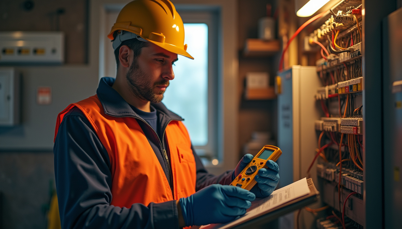 Technicien IRVE vérifiant un tableau électrique lors d'une visite technique préalable