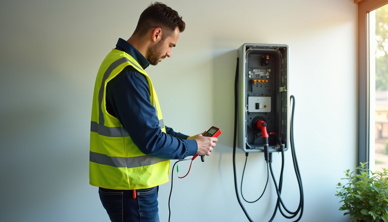 Technicien procédant à la maintenance d'une borne de recharge électrique