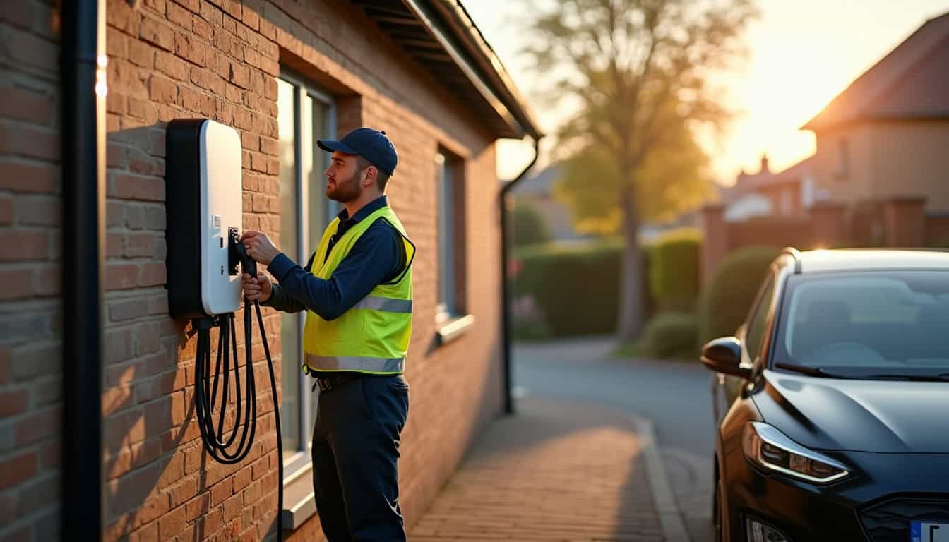 Technicien professionnel en train de configurer une borne de recharge électrique à Aubers