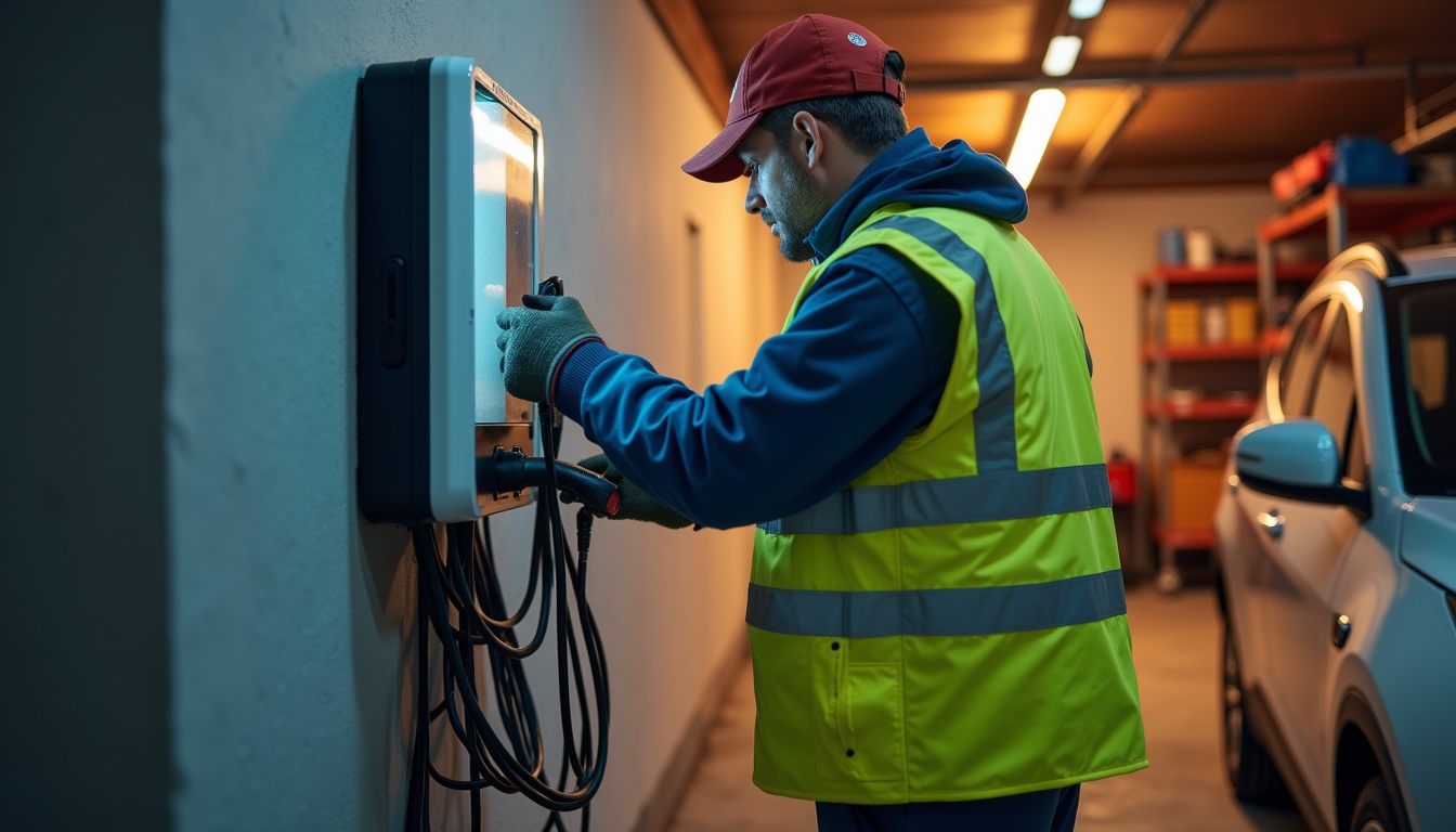Technicien professionnel en train d'installer une borne de recharge électrique dans un garage privé à Maurecourt