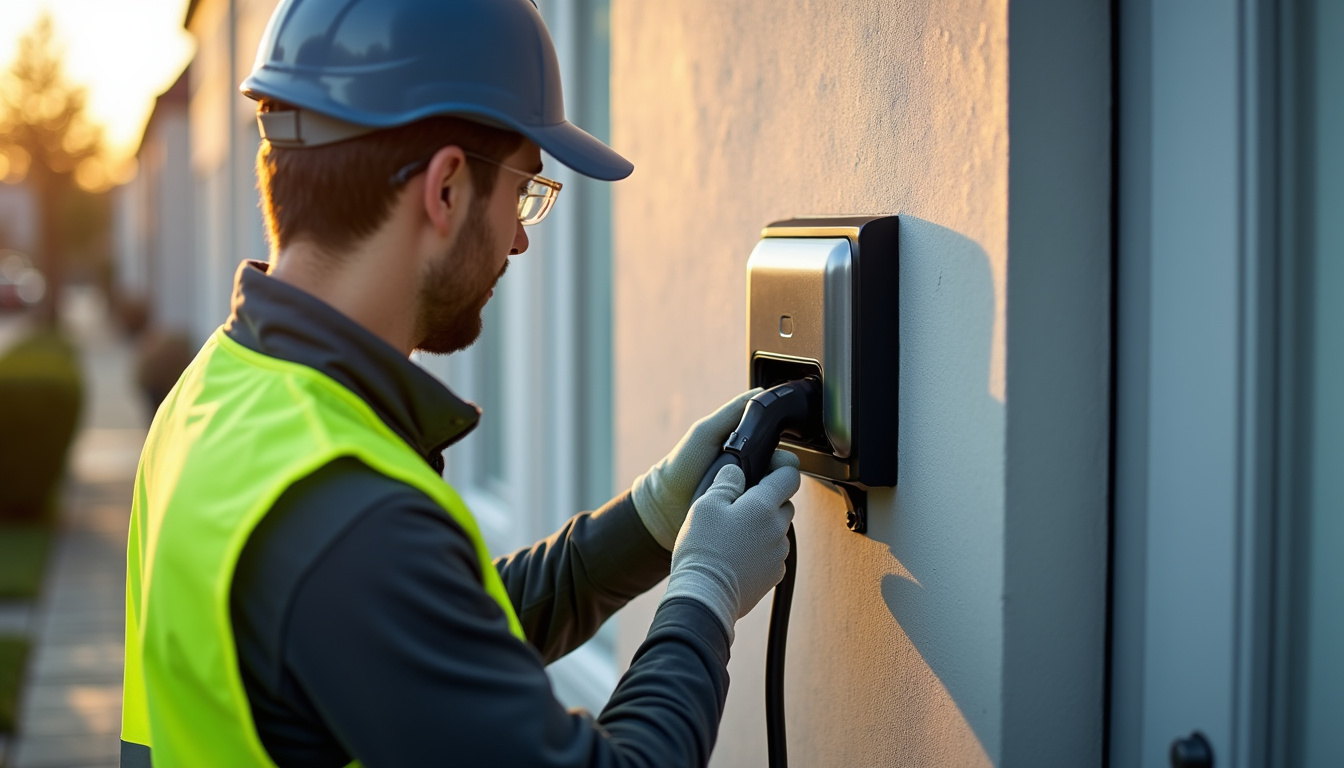 Technicien professionnel en train d'installer une borne électrique à Nesle