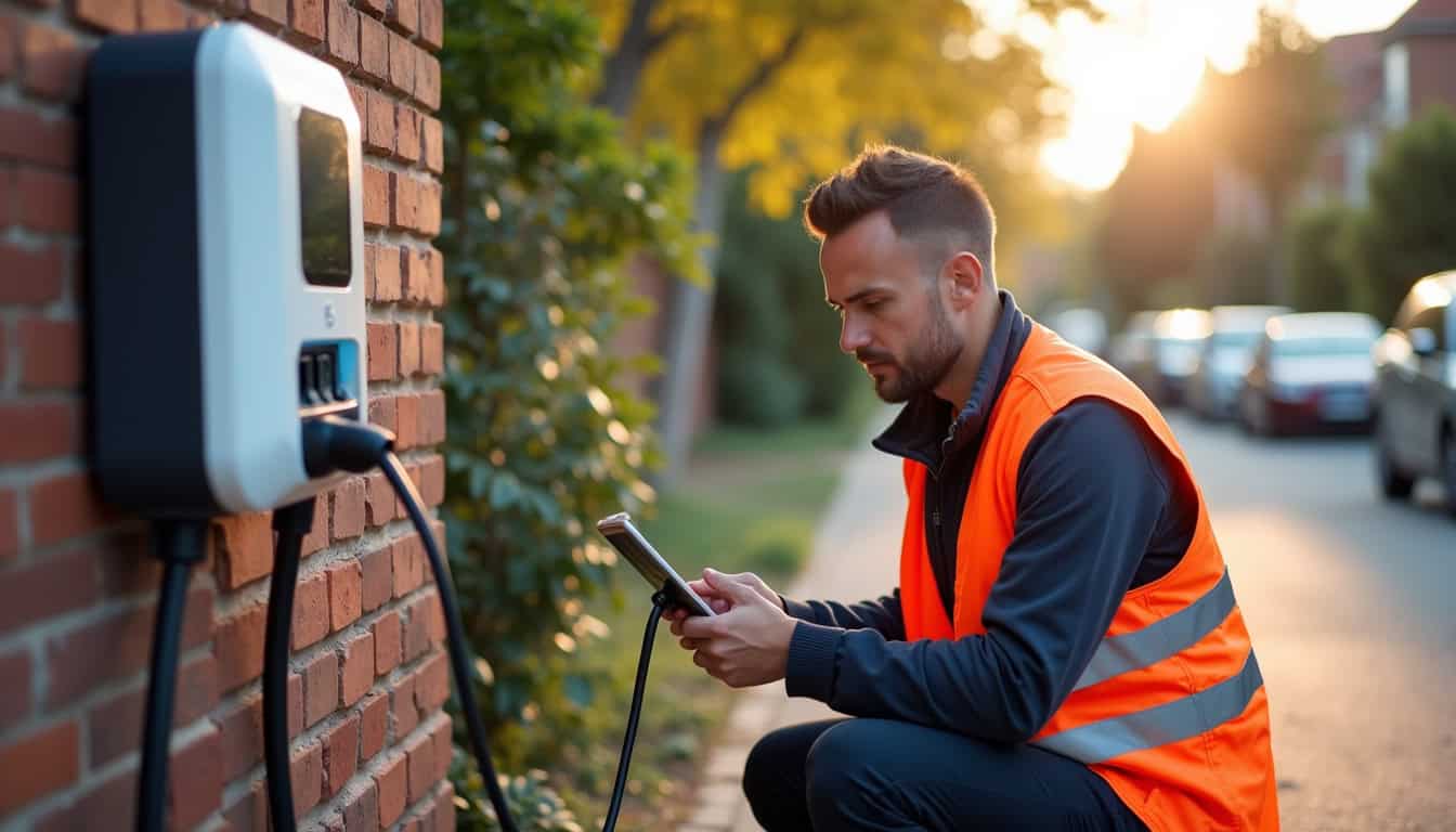 Technicien qualifié en train de configurer une borne de recharge électrique à Mouvaux