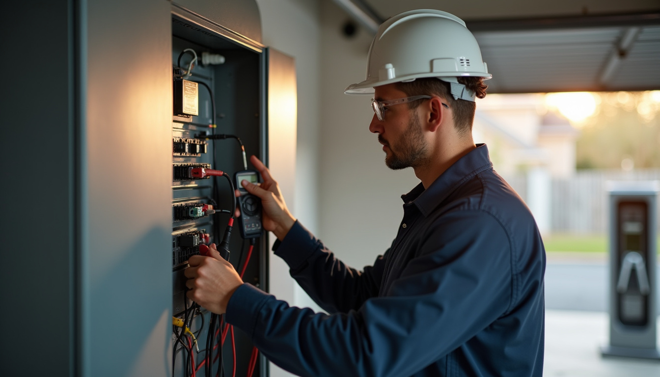 Technicien qualifié IRVE en train d'inspecter un tableau électrique pour l'installation d'une borne de recharge