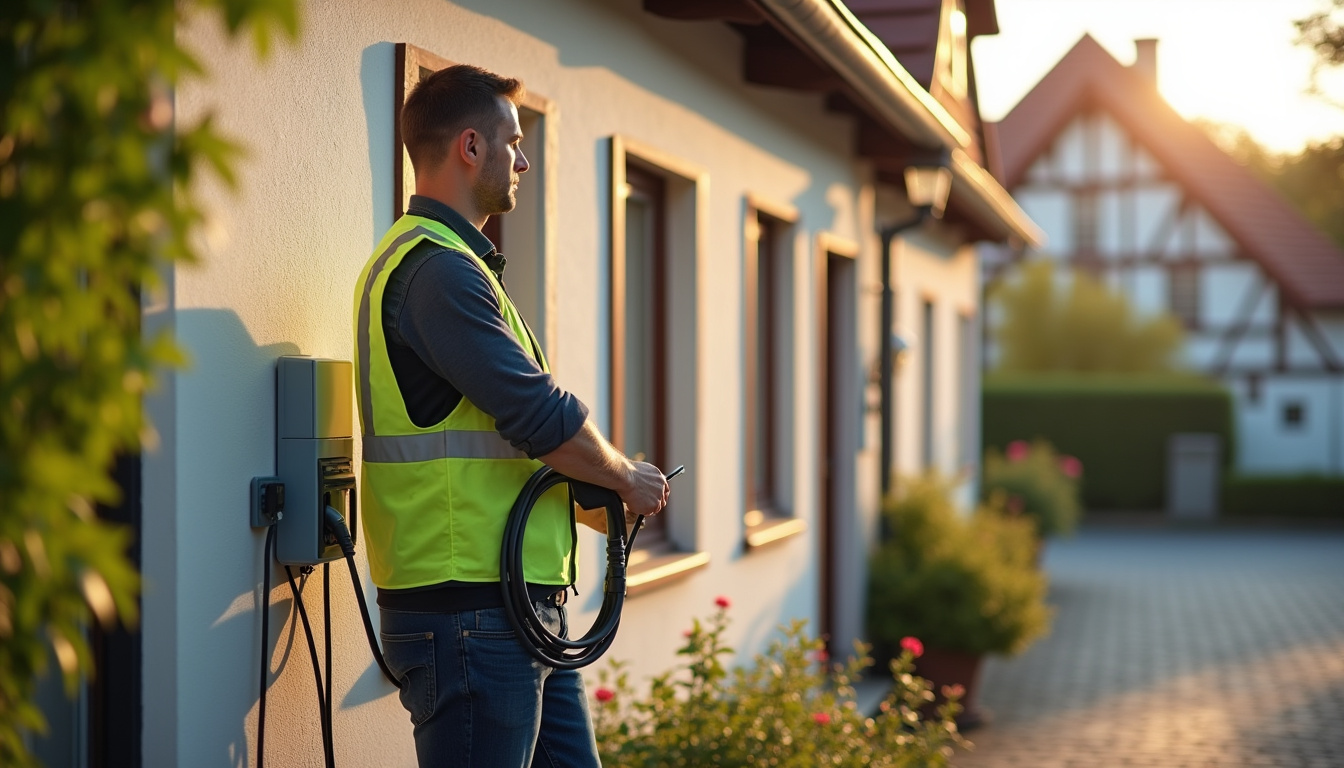 Technicien qualifié IRVE en train d'installer une borne de recharge dans une maison à Villé