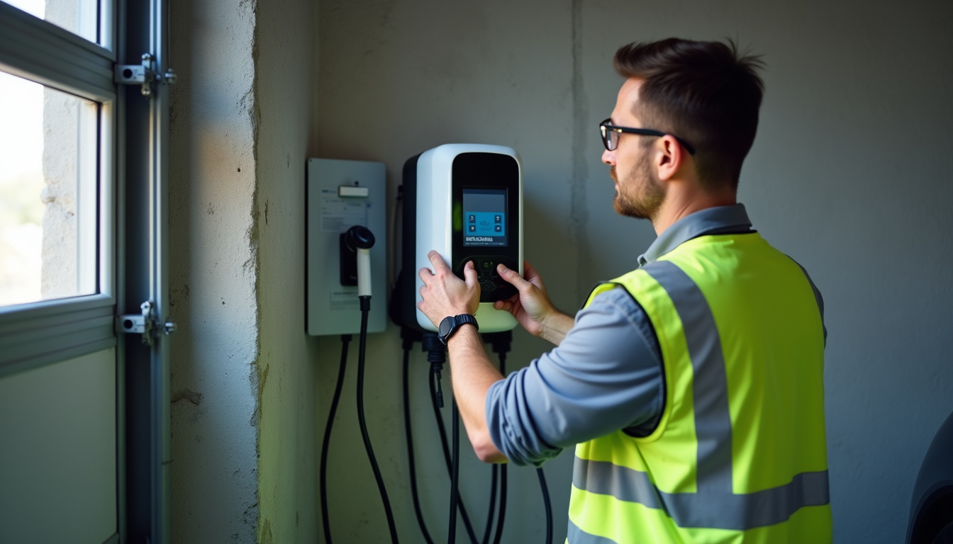 Technicien qualifié IRVE en train d'installer une borne électrique dans un garage à Maidières