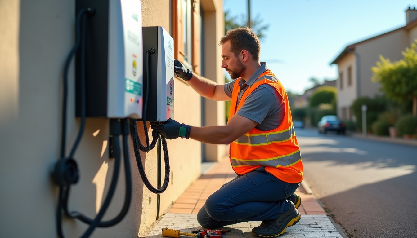 Technicien spécialisé IRVE en train d'installer une borne de recharge pour voiture électrique à Marsillargues, avec matériel certifié et outils professionnels