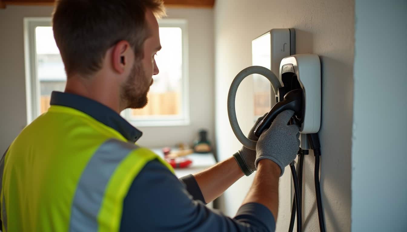Technicien vérifiant la conformité d'une installation électrique pour une borne de recharge à Fermanville