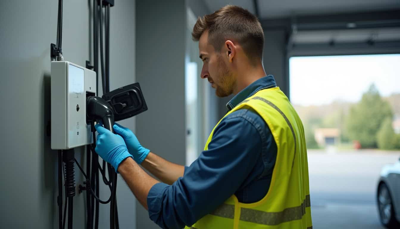 Technicien vérifiant la connectique d'une borne de recharge électrique après installation