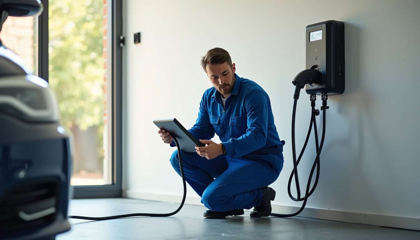 Technicien vérifiant le bon fonctionnement d'une borne de recharge à Cugand