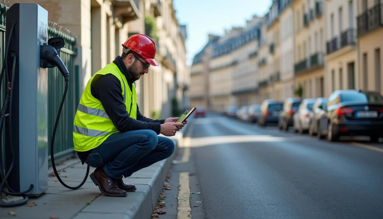 Technicien vérifiant le bon fonctionnement d'une borne de recharge à Reuilly