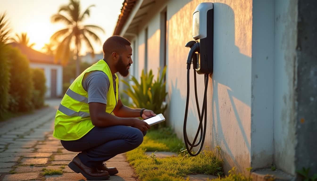 Technicien vérifiant le bon fonctionnement d'une borne de recharge à Tsingoni