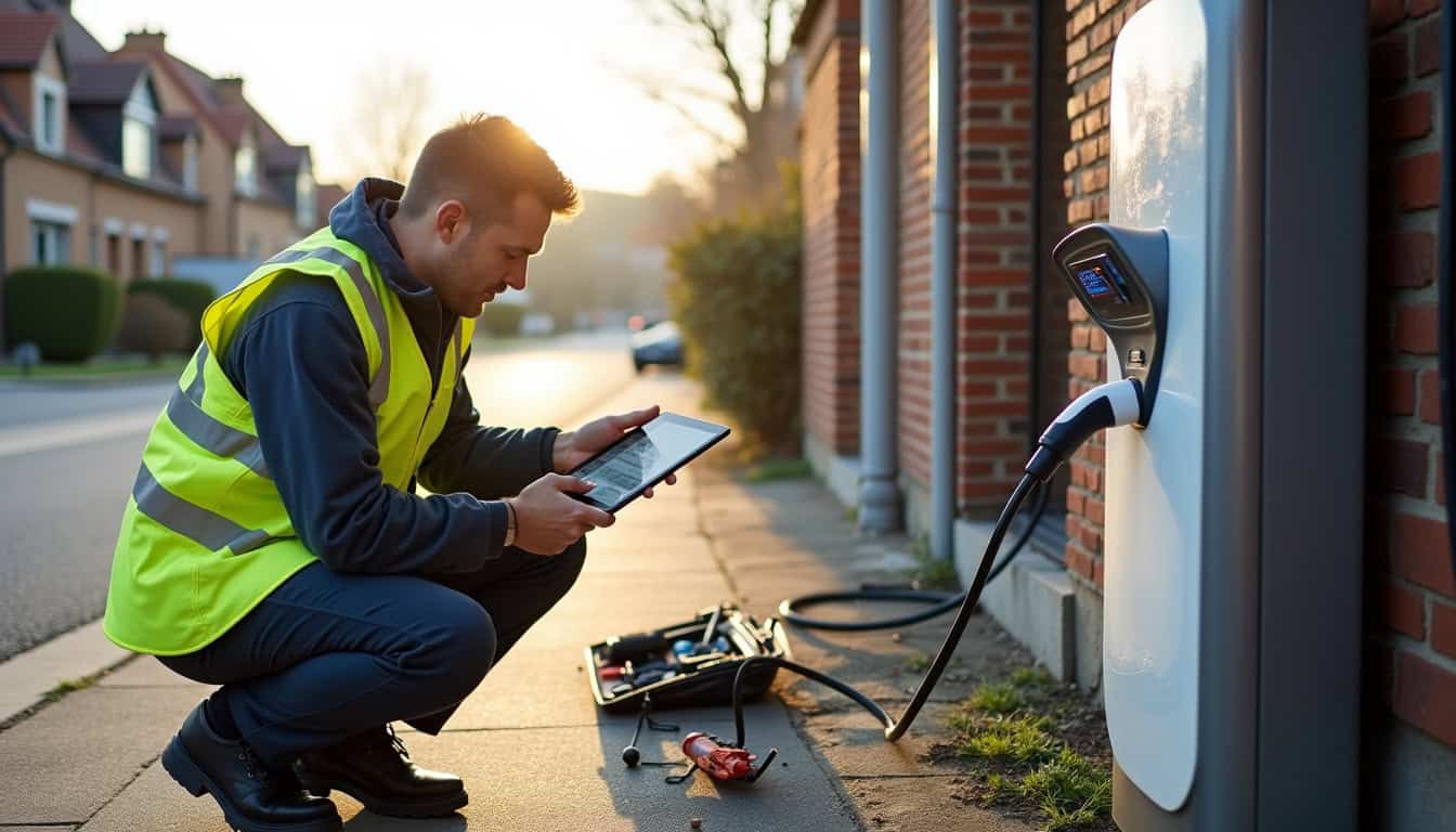 Technicien vérifiant le bon fonctionnement d'une borne de recharge à Villers-Pol