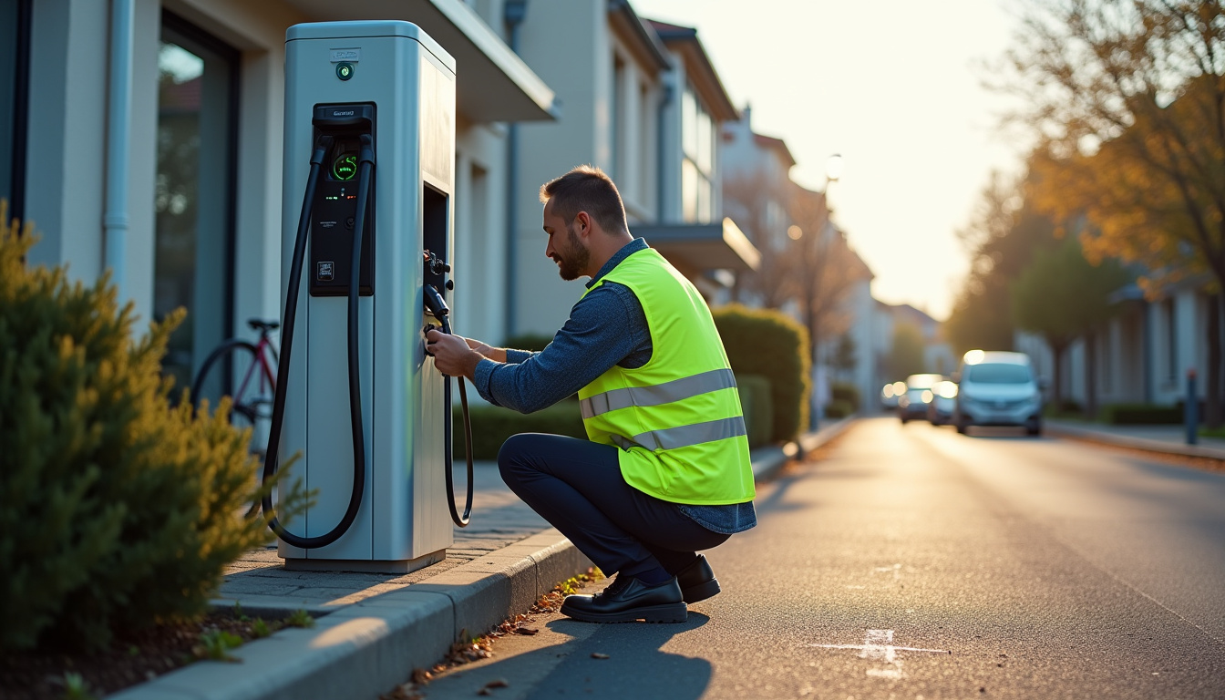 Technicien vérifiant le bon fonctionnement d'une borne de recharge électrique à Épouville
