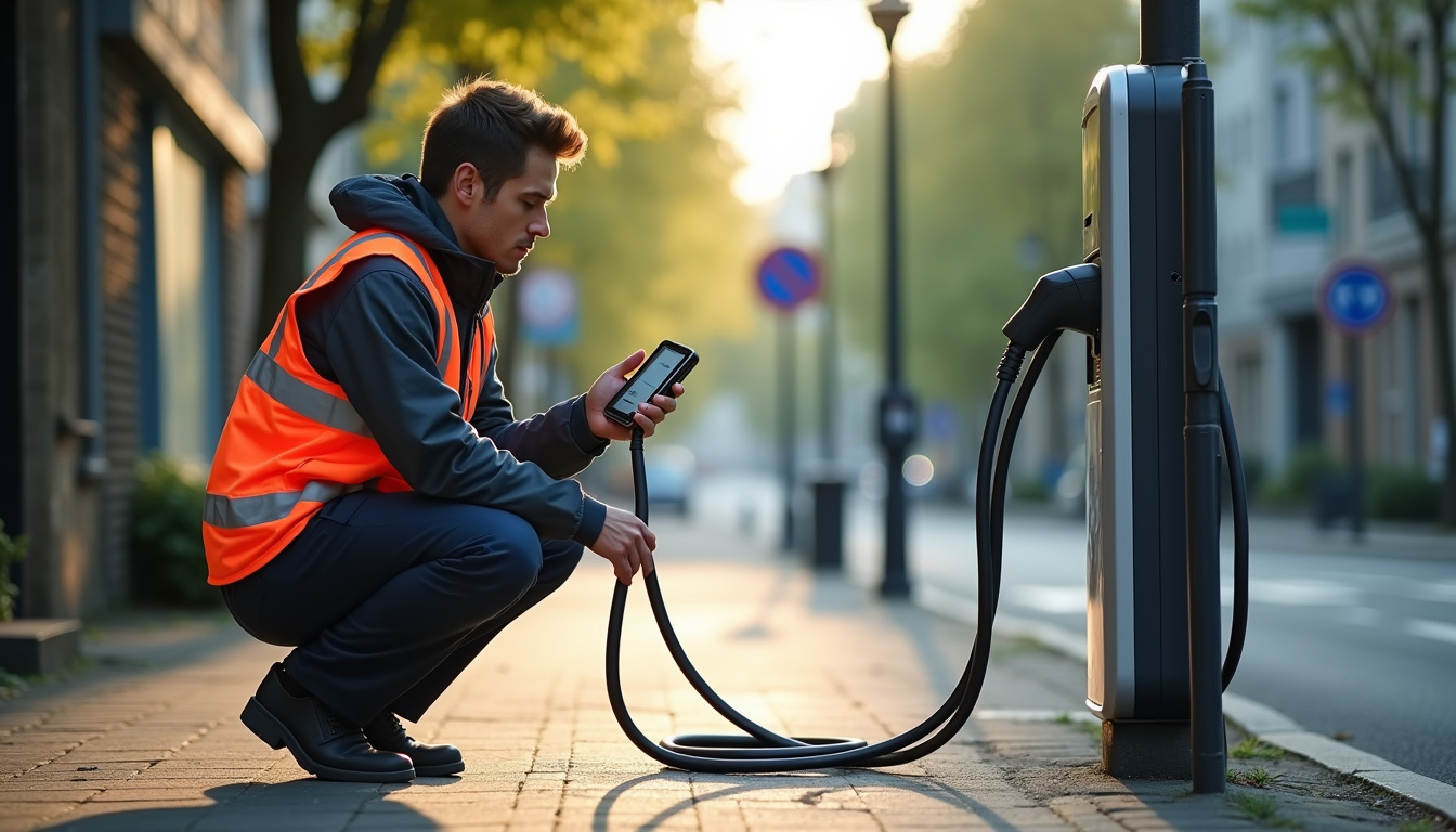 Technicien vérifiant le bon fonctionnement d'une borne de recharge électrique à Marçon