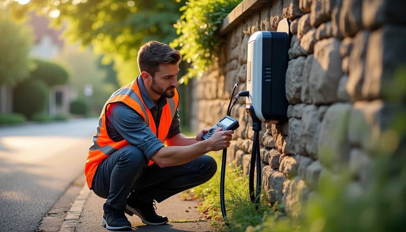 Technicien vérifiant le bon fonctionnement d'une borne de recharge électrique à Rouvres