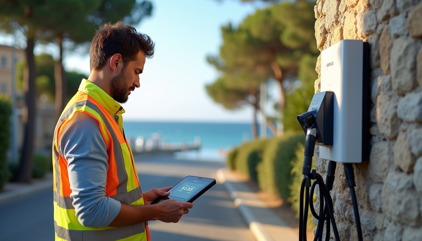 Technicien vérifiant le bon fonctionnement d'une borne de recharge électrique à Théoule-sur-Mer