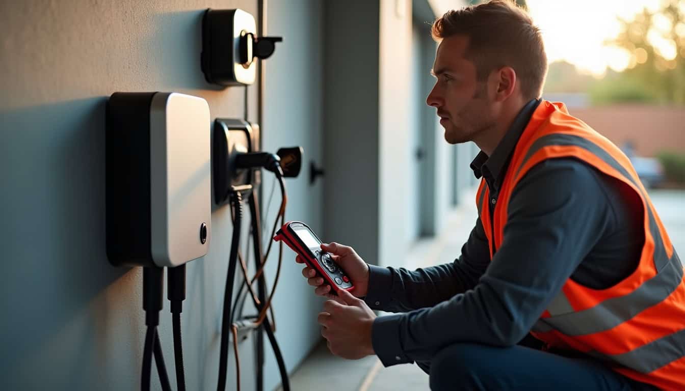 Technicien vérifiant le bon fonctionnement d'une borne de recharge électrique pour véhicule électrique