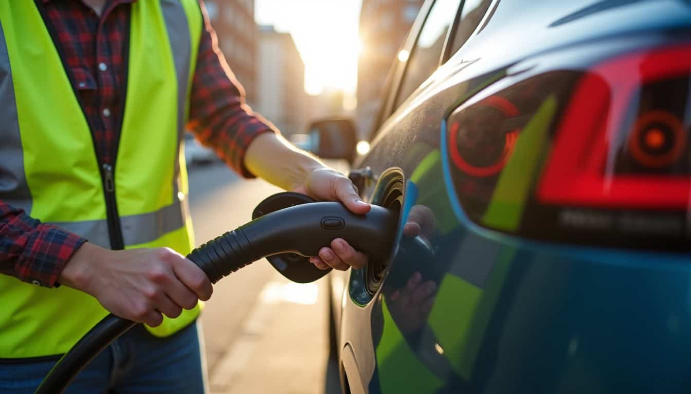 Technicien vérifiant le bon fonctionnement d'une borne de recharge électrique