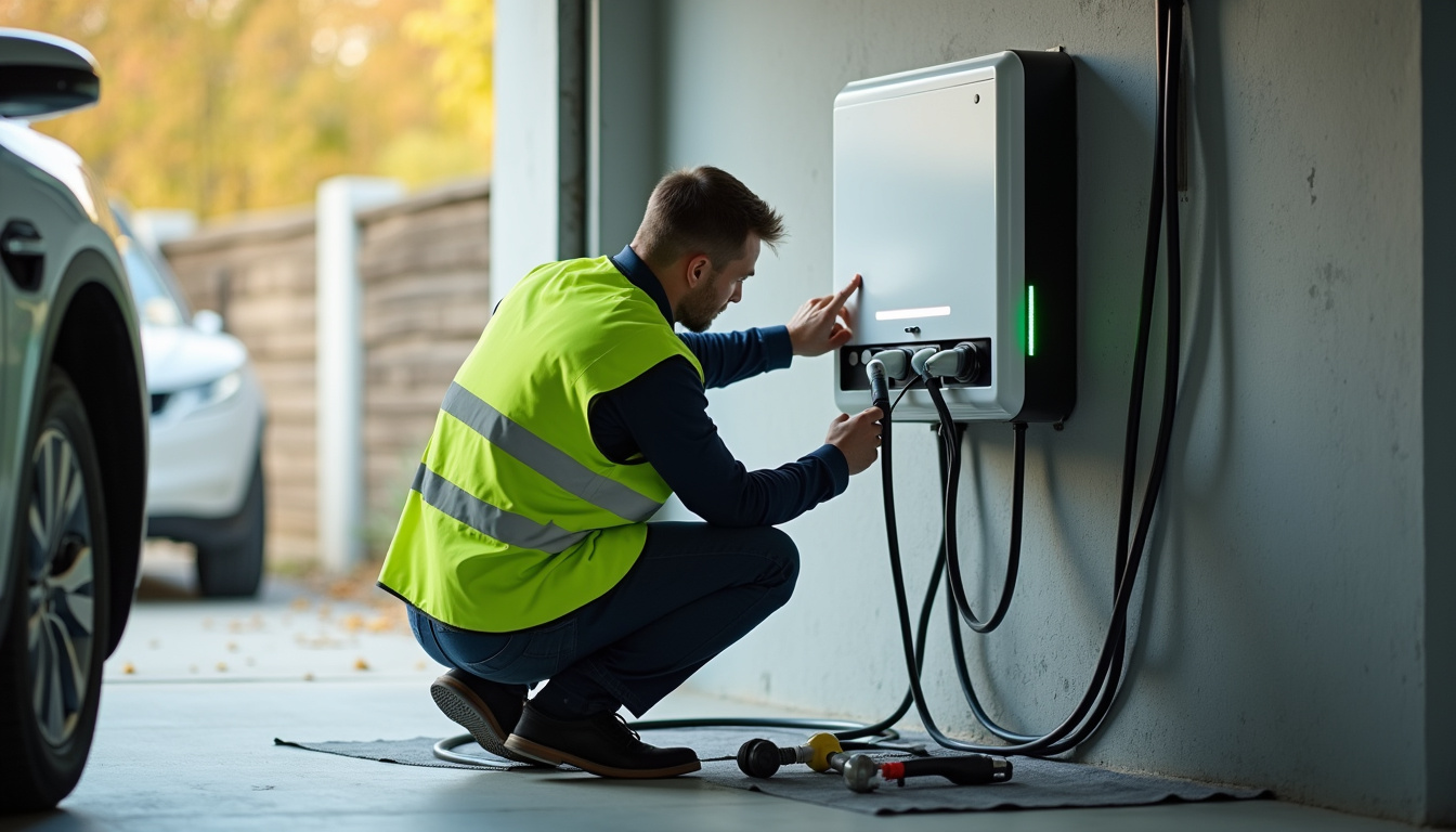 Technicien vérifiant le bon fonctionnement d'une borne de recharge électrique