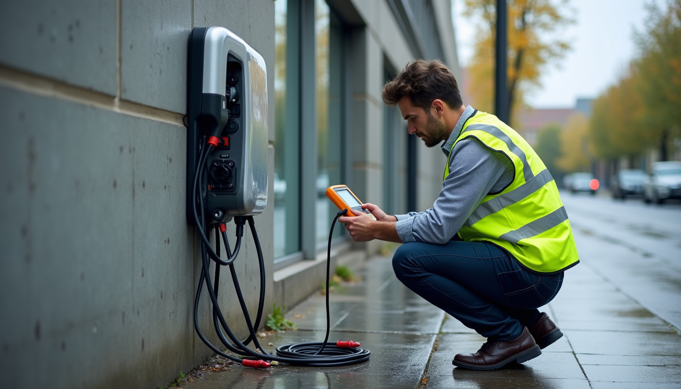 Technicien vérifiant le bon fonctionnement d'une borne de recharge installée en extérieur