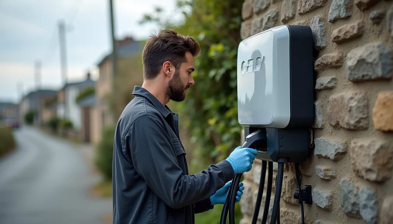 Technicien vérifiant le câble et le boîtier d'une borne de recharge électrique