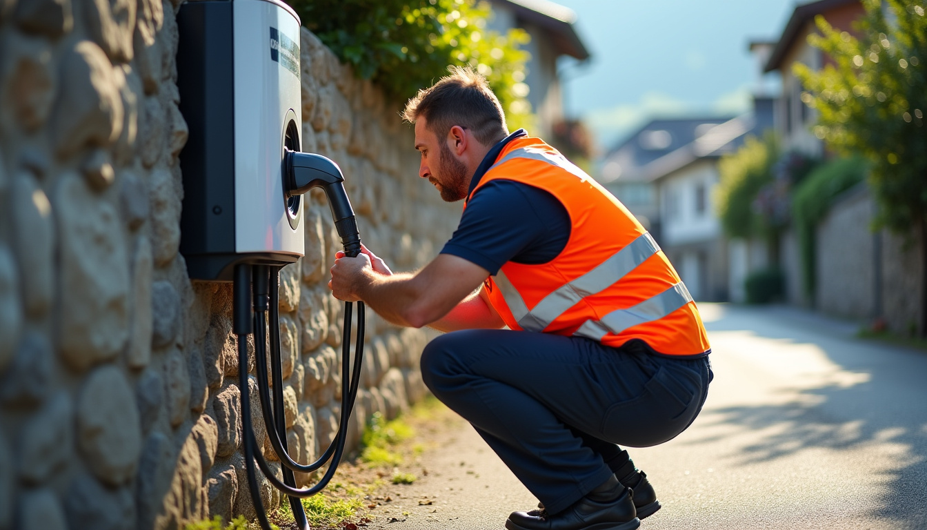 Technicien vérifiant le fonctionnement d'une borne de recharge à Bellevaux, illustrant les aspects d'entretien et de maintenance