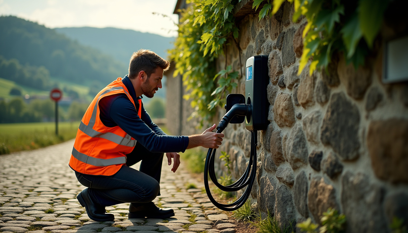 Technicien vérifiant le fonctionnement d'une borne de recharge à Bernardswiller