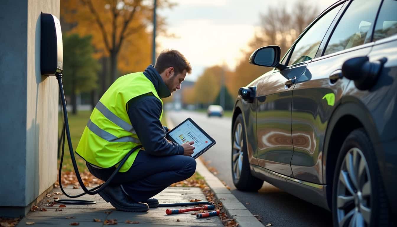 Technicien vérifiant le fonctionnement d'une borne de recharge en extérieur