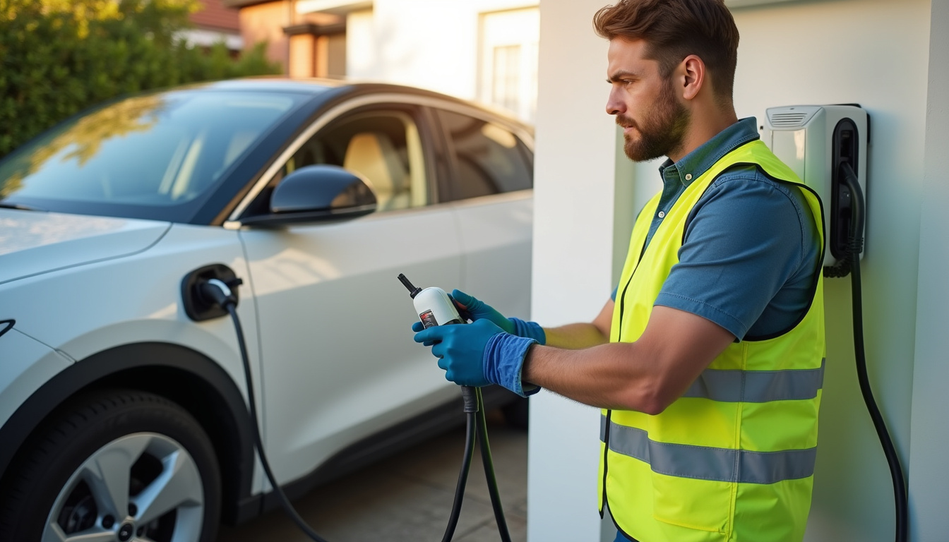 Technicien vérifiant le fonctionnement d'une borne de recharge nouvellement installée